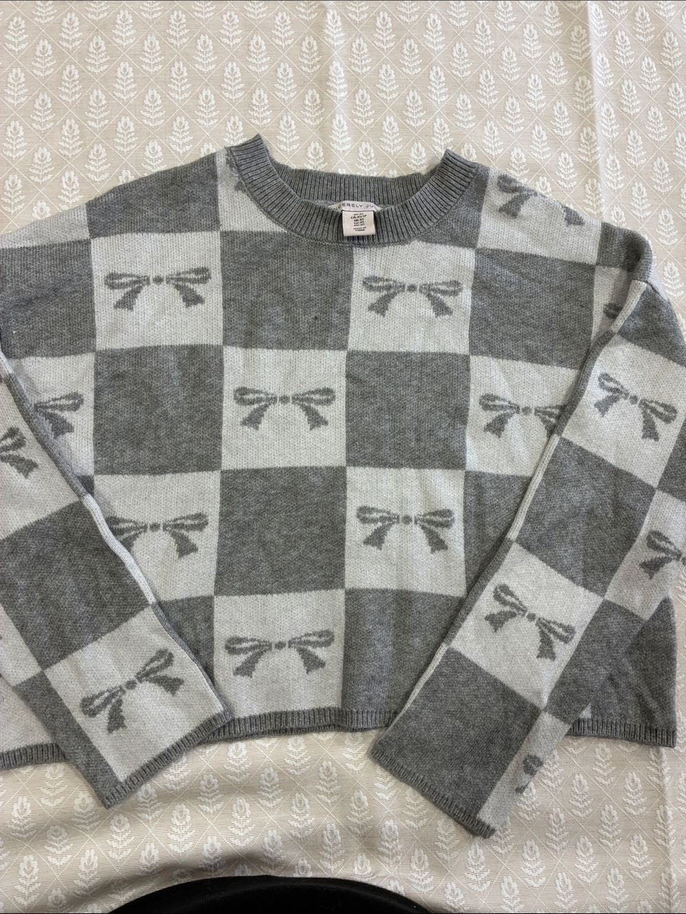 Sincerely Jules Gray Checkerboard Bow Crewneck Sweater